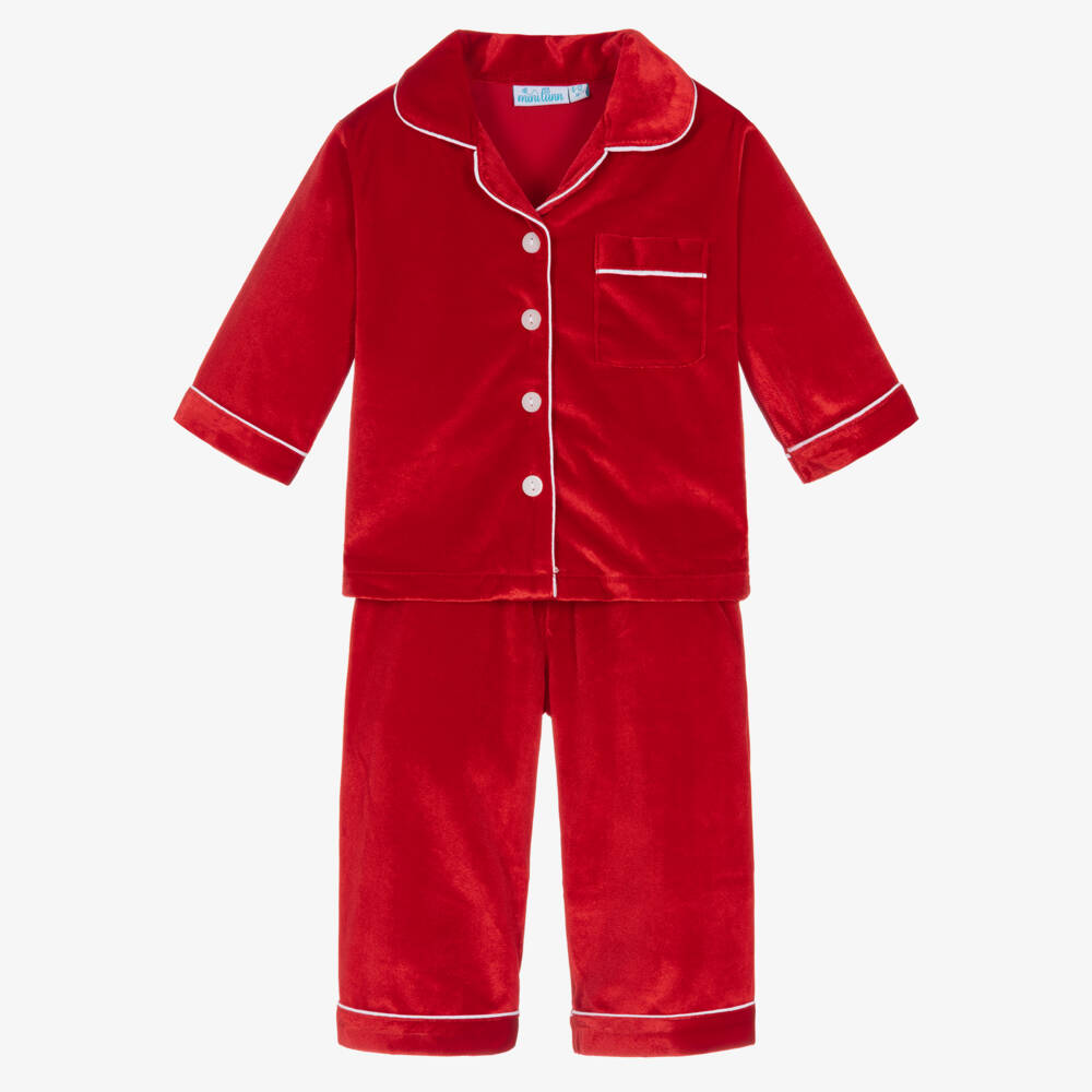 Mini Lunn-Red Velour Pyjamas with White Piping | Childrensalon