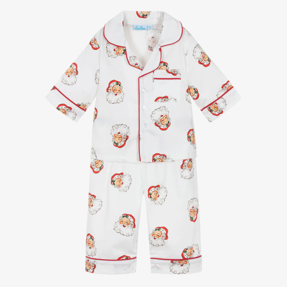 Mini Lunn-White Cotton Santa Pyjamas with Red Piping | Childrensalon