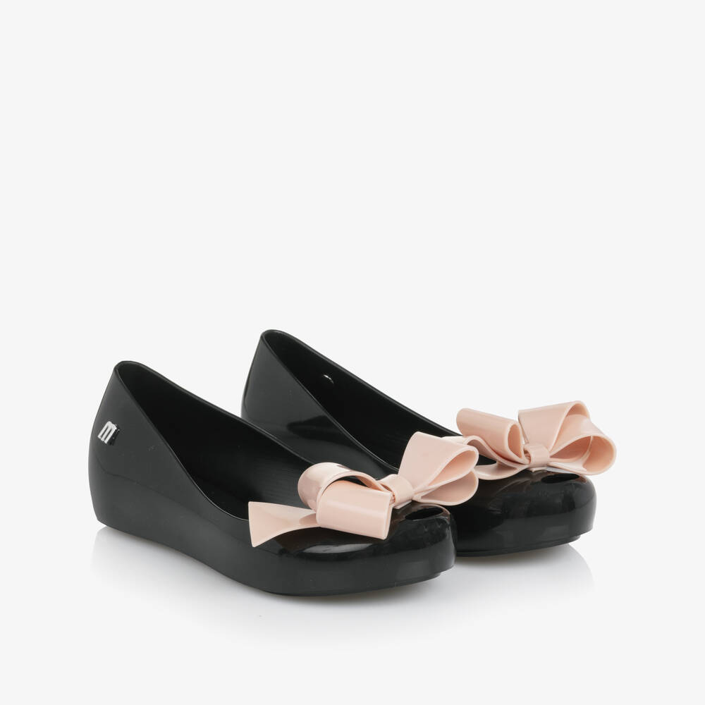Mini Melissa-Girls Black Jelly Ballerina Pumps with Pink Bow Detail | Childrensalon
