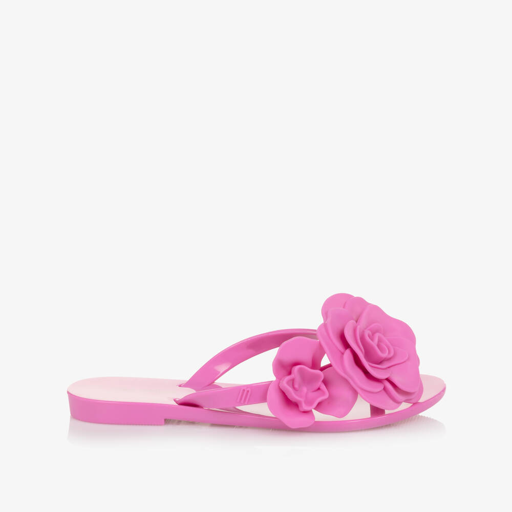 Mini Melissa-Girls Bright Pink Jelly Flip-Flops with Flowers | Childrensalon