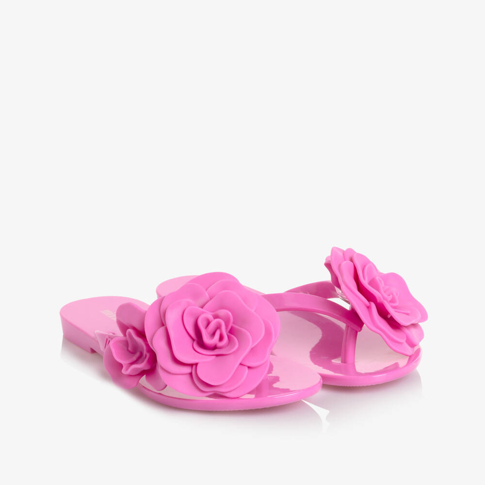 Mini Melissa-Girls Bright Pink Jelly Flip-Flops with Flowers | Childrensalon