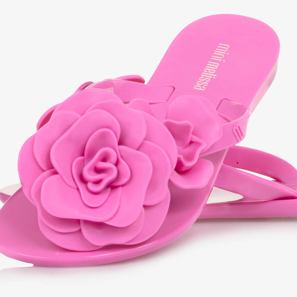 Mini Melissa-Girls Bright Pink Jelly Flip-Flops with Flowers | Childrensalon
