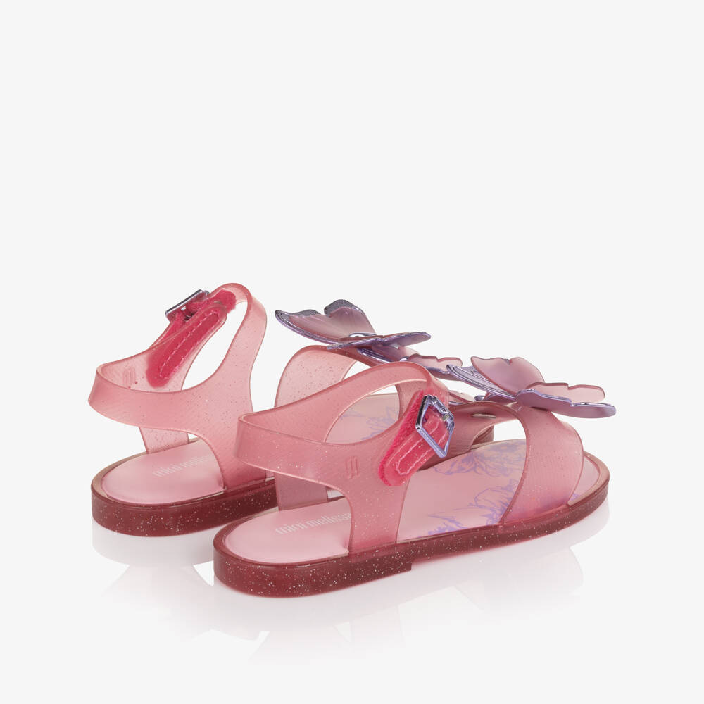 Mini Melissa-Girls Glitter Pink Jelly Sandals with Lilac Butterfly Trim | Childrensalon