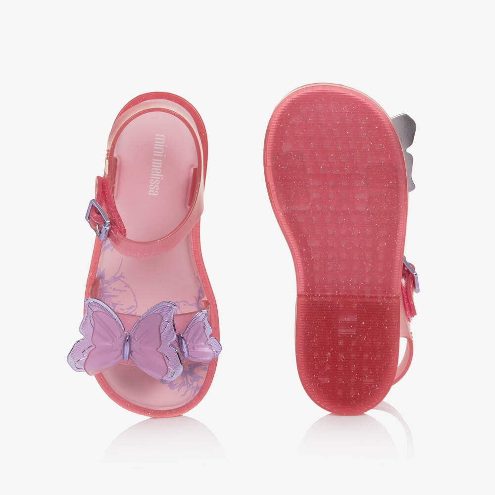 Mini Melissa-Girls Glitter Pink Jelly Sandals with Lilac Butterfly Trim | Childrensalon