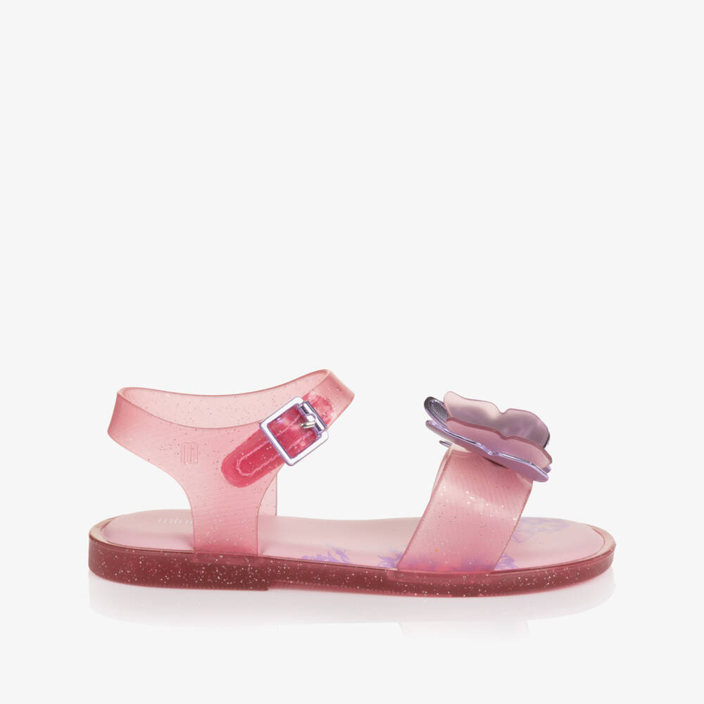 Mini Melissa-Girls Glitter Pink Jelly Sandals with Lilac Butterfly Trim | Childrensalon