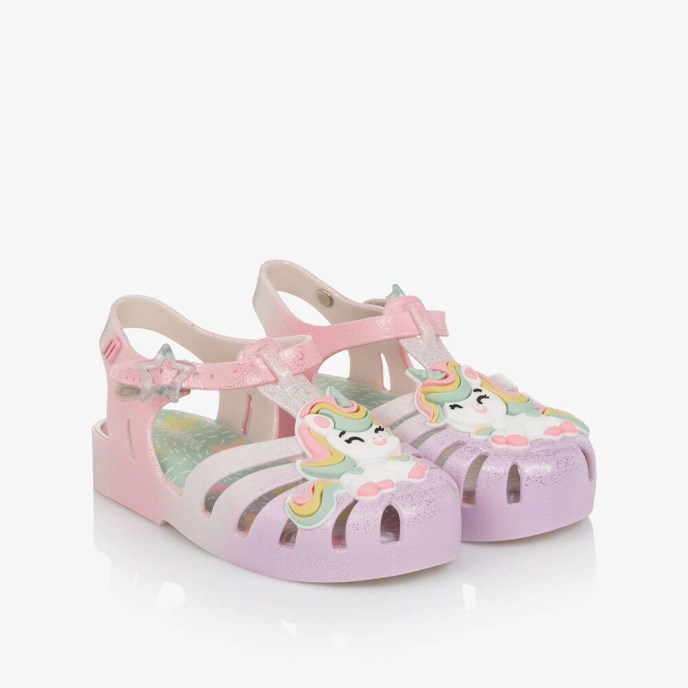 Mini Melissa-Girls Glittery Pink Ombré Unicorn Jelly Shoes | Childrensalon