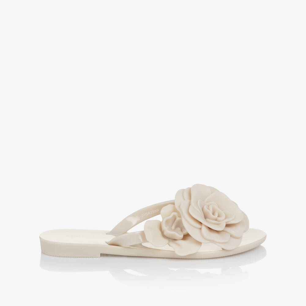 Mini Melissa-Girls Ivory Jelly Flip-Flops with Flowers | Childrensalon