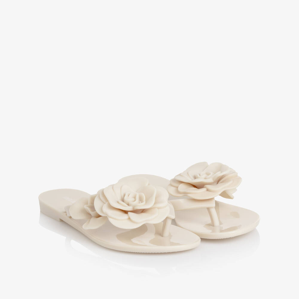 Mini Melissa-Girls Ivory Jelly Flip-Flops with Flowers | Childrensalon