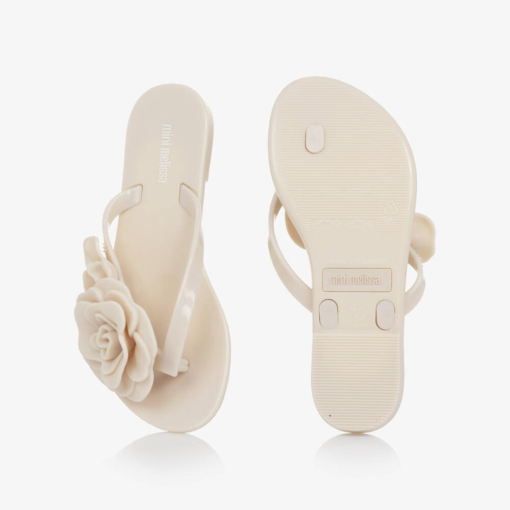 Mini Melissa-Girls Ivory Jelly Flip-Flops with Flowers | Childrensalon