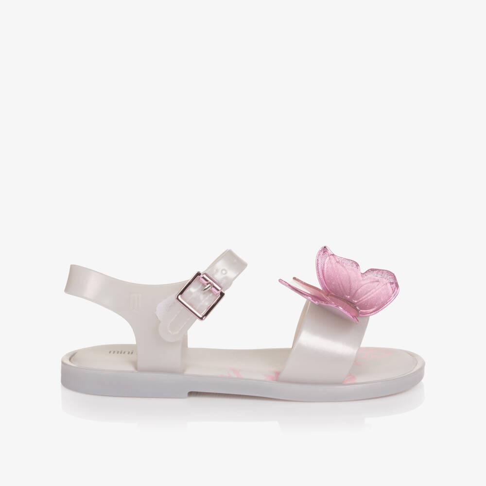 Mini Melissa-Сандалии белые перламутровые с розовой бабочкой для девочек | Childrensalon