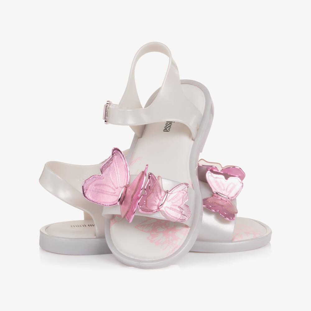 Mini Melissa-Сандалии белые перламутровые с розовой бабочкой для девочек | Childrensalon