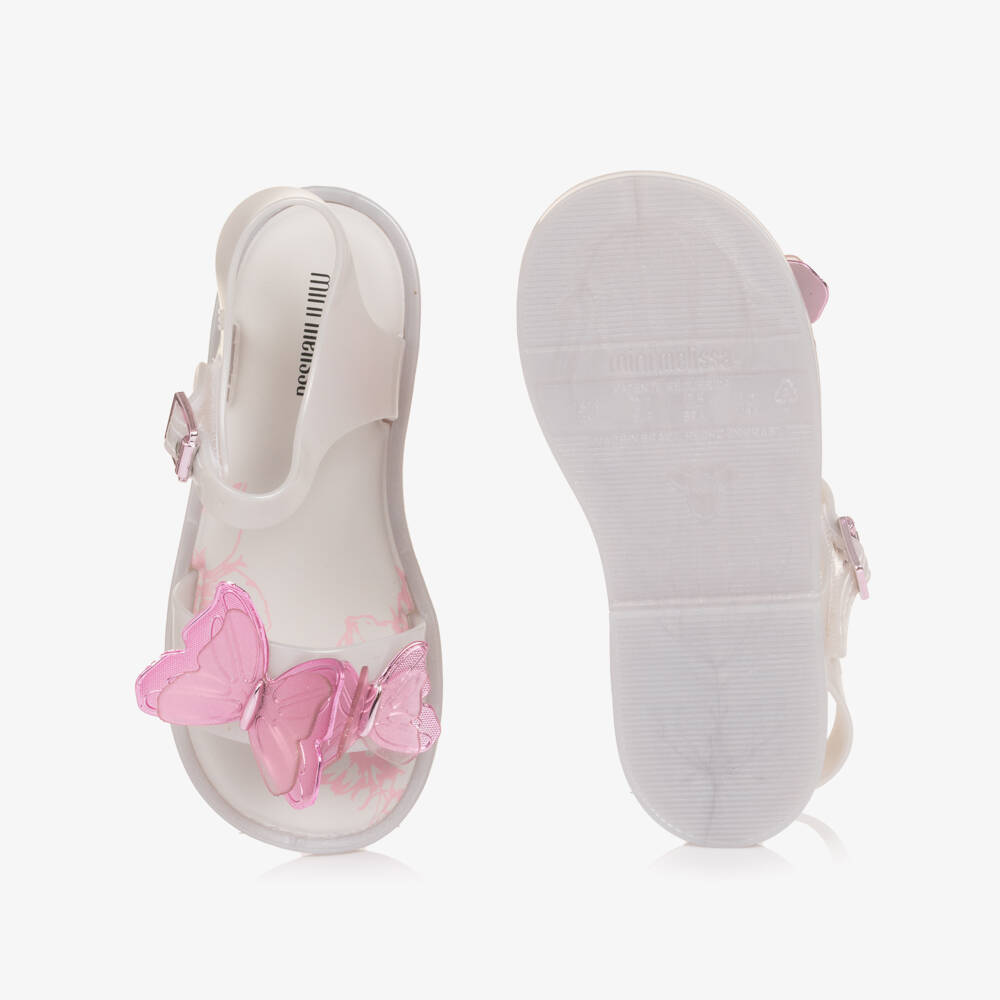 Mini Melissa-Сандалии белые перламутровые с розовой бабочкой для девочек | Childrensalon