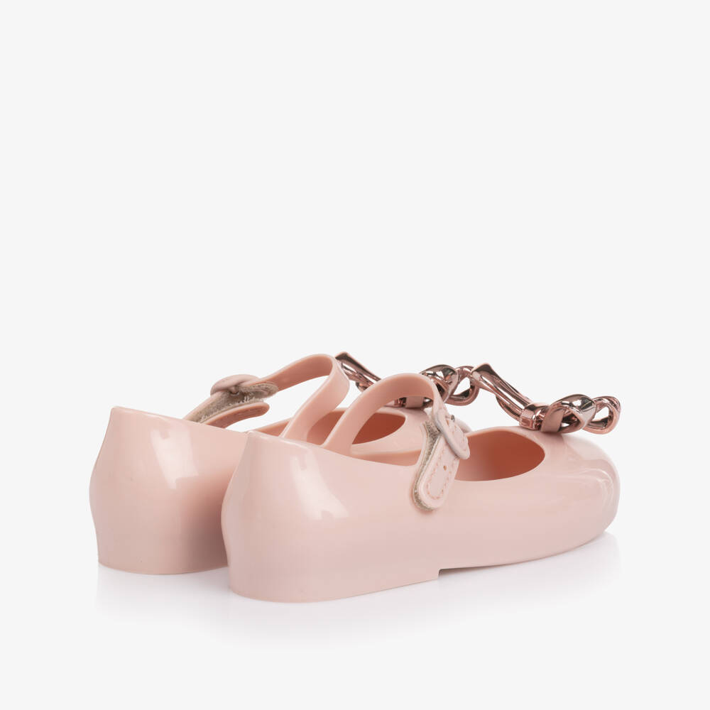 Mini Melissa-Girls Pink Jelly Pumps with Rose Gold Bow | Childrensalon