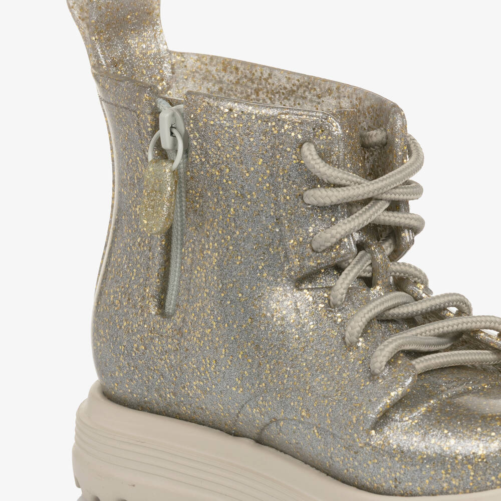 Mini Melissa-Girls Shimmery Silver Boots with Gold Glitter | Childrensalon