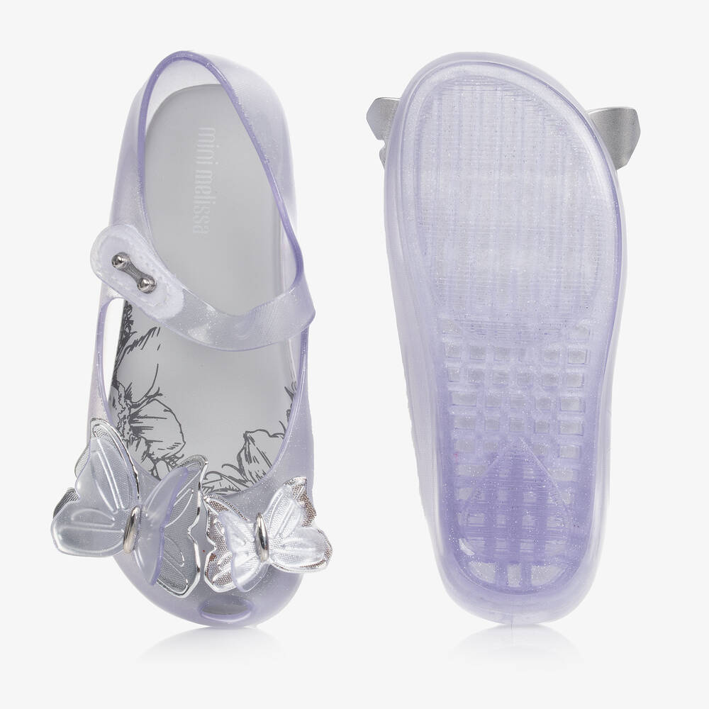 Mini Melissa-Girls Silver Glitter Butterfly Jelly Shoes | Childrensalon