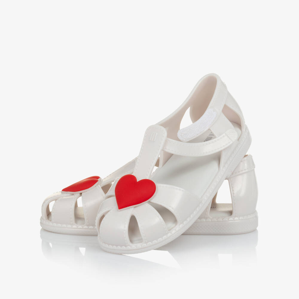 Mini Melissa-حذاء جيلي مزين بقلوب لون أبيض وأحمر للبنات | Childrensalon