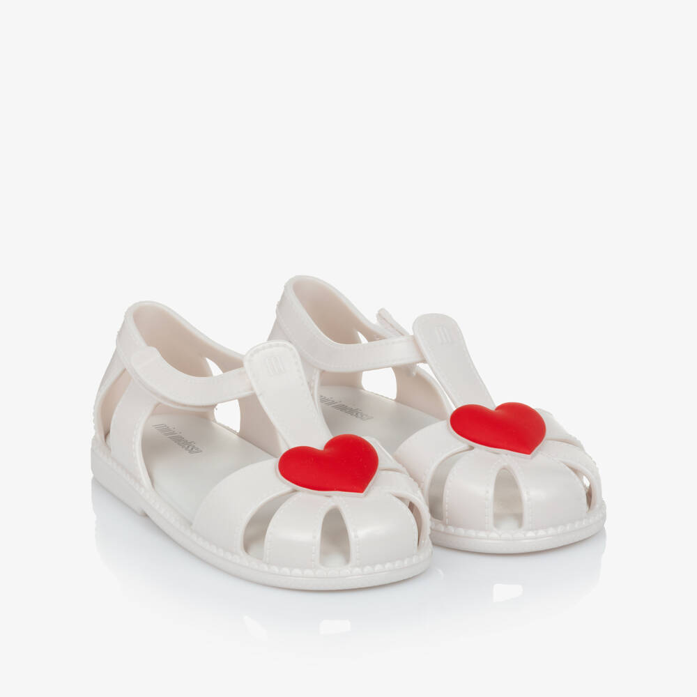 Mini Melissa-Girls White & Red Heart Jelly Shoes | Childrensalon