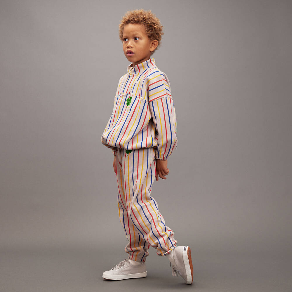 Mini Rodini-Beige Striped Cotton Jersey Clover Joggers  | Childrensalon