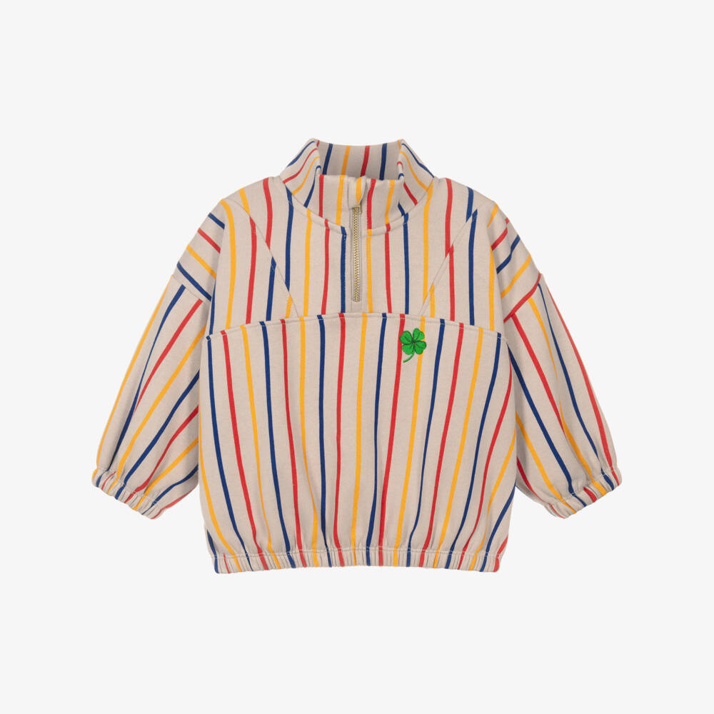 Mini Rodini-Beige Striped Cotton Jersey Clover Quarter-Zip Sweatshirt | Childrensalon