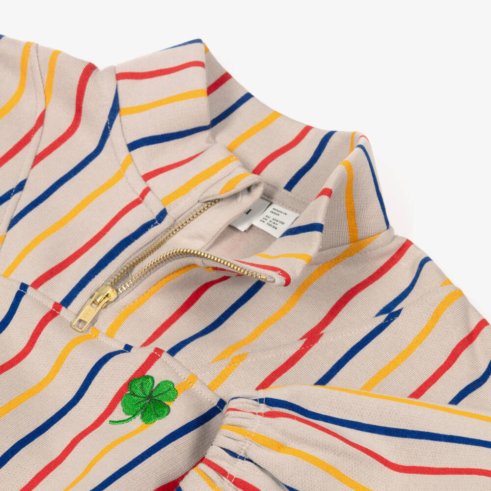 Mini Rodini-Beige Striped Cotton Jersey Clover Quarter-Zip Sweatshirt | Childrensalon