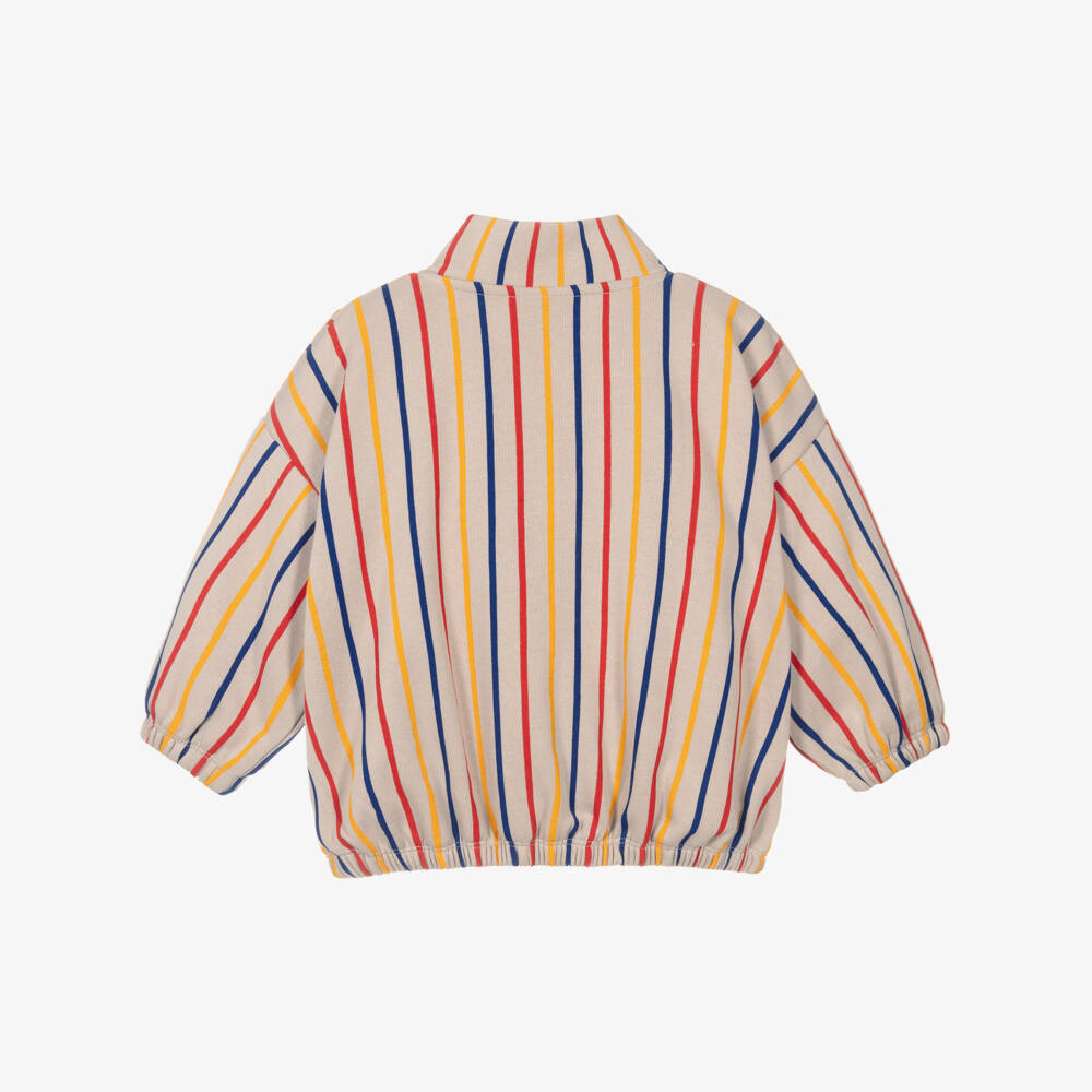 Mini Rodini-Beige Striped Cotton Jersey Clover Quarter-Zip Sweatshirt | Childrensalon