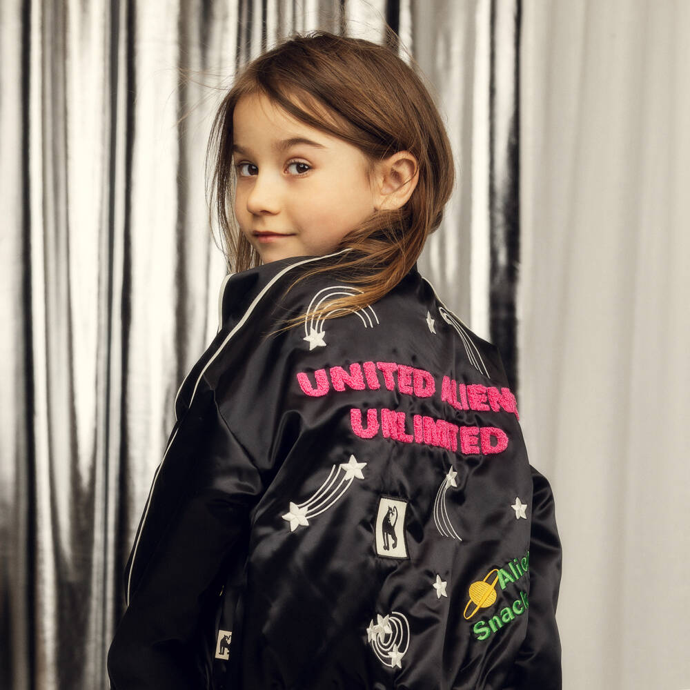 Mini Rodini-Black Bomber Jacket with Space Themed Motifs | Childrensalon