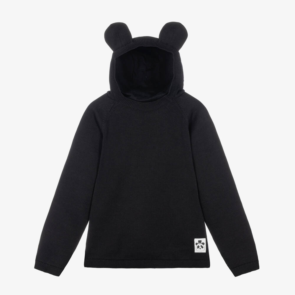 Mini Rodini-Black Knitted Hoodie with Panda Ears | Childrensalon