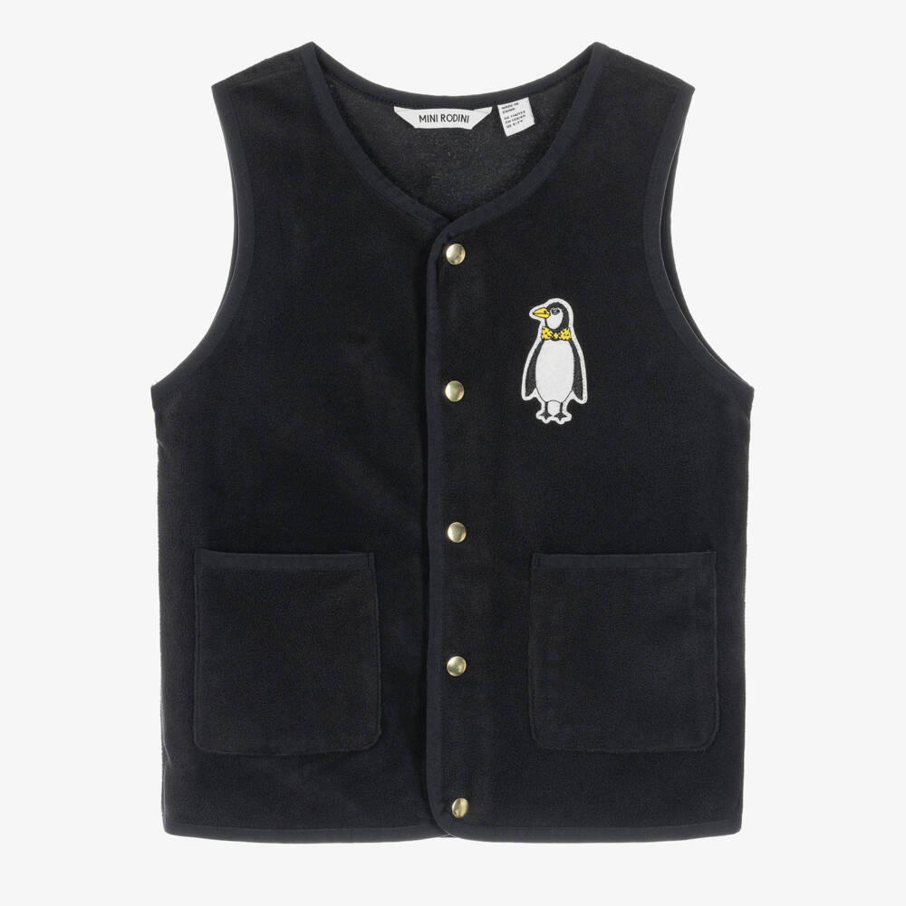 Mini Rodini-Black Microfleece Waistcoat with Penguin Patch | Childrensalon