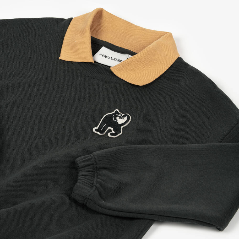 Mini Rodini-Свитшот черный из органического хлопка с воротником и нашивкой пантеры | Childrensalon
