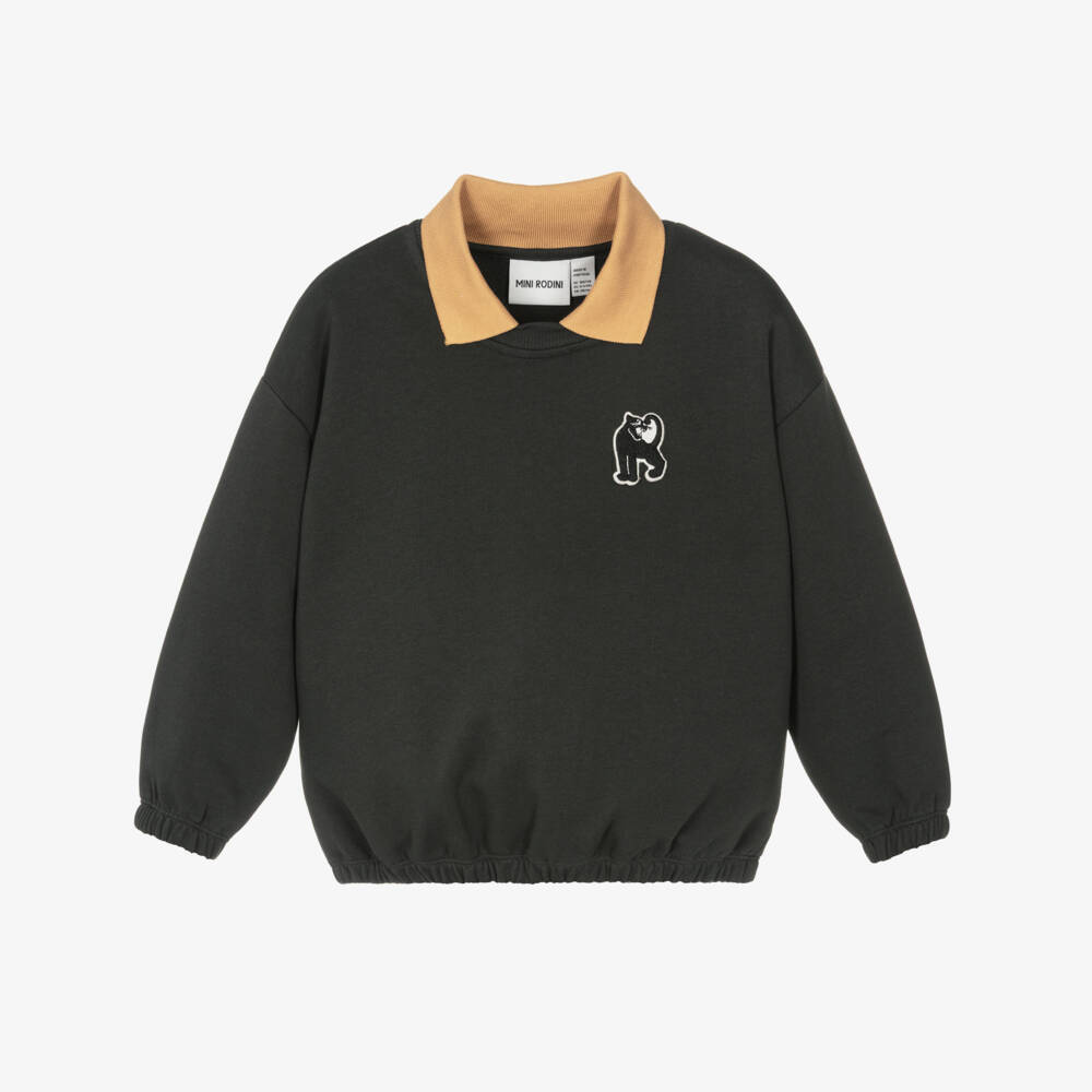 Mini Rodini-Свитшот черный из органического хлопка с воротником и нашивкой пантеры | Childrensalon