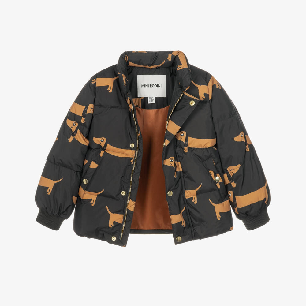 Mini Rodini-Black Waterproof Puffer Jacket with Dog Print | Childrensalon