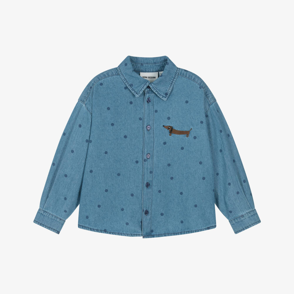 Mini Rodini-Blue Denim Polka Dot Shirt with Embroidered Dog Motif | Childrensalon