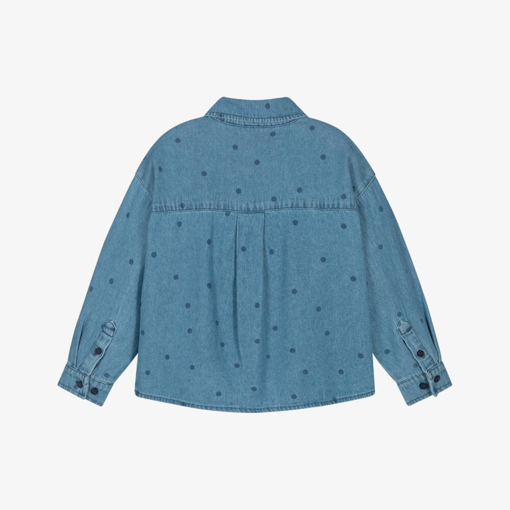 Mini Rodini-Blue Denim Polka Dot Shirt with Embroidered Dog Motif | Childrensalon