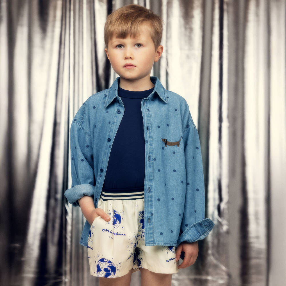 Mini Rodini-قميص دنيم بنقاط بولكا لون أزرق | Childrensalon