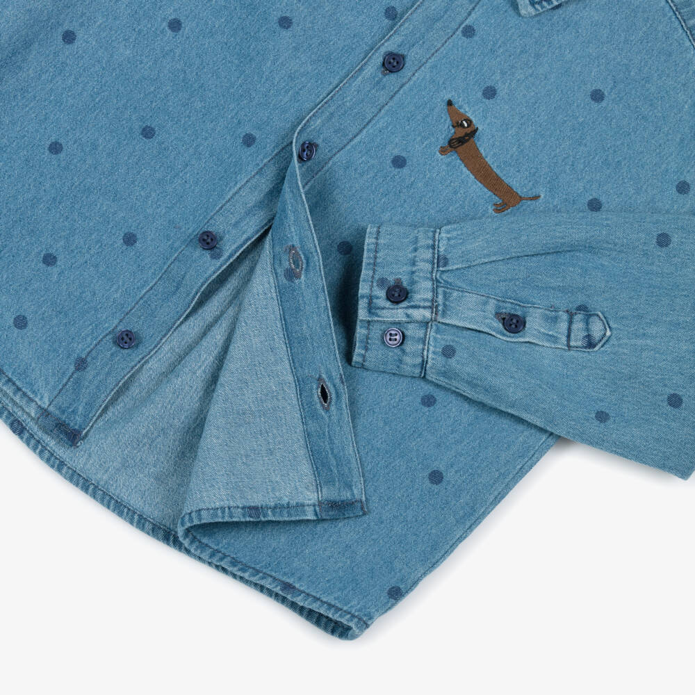 Mini Rodini-Blue Denim Polka Dot Shirt with Embroidered Dog Motif | Childrensalon