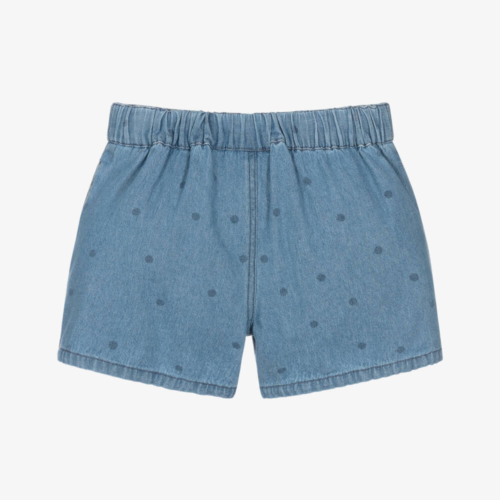 Mini Rodini-Blue Denim Polka Dot Shorts with Embroidered Dog Motif | Childrensalon