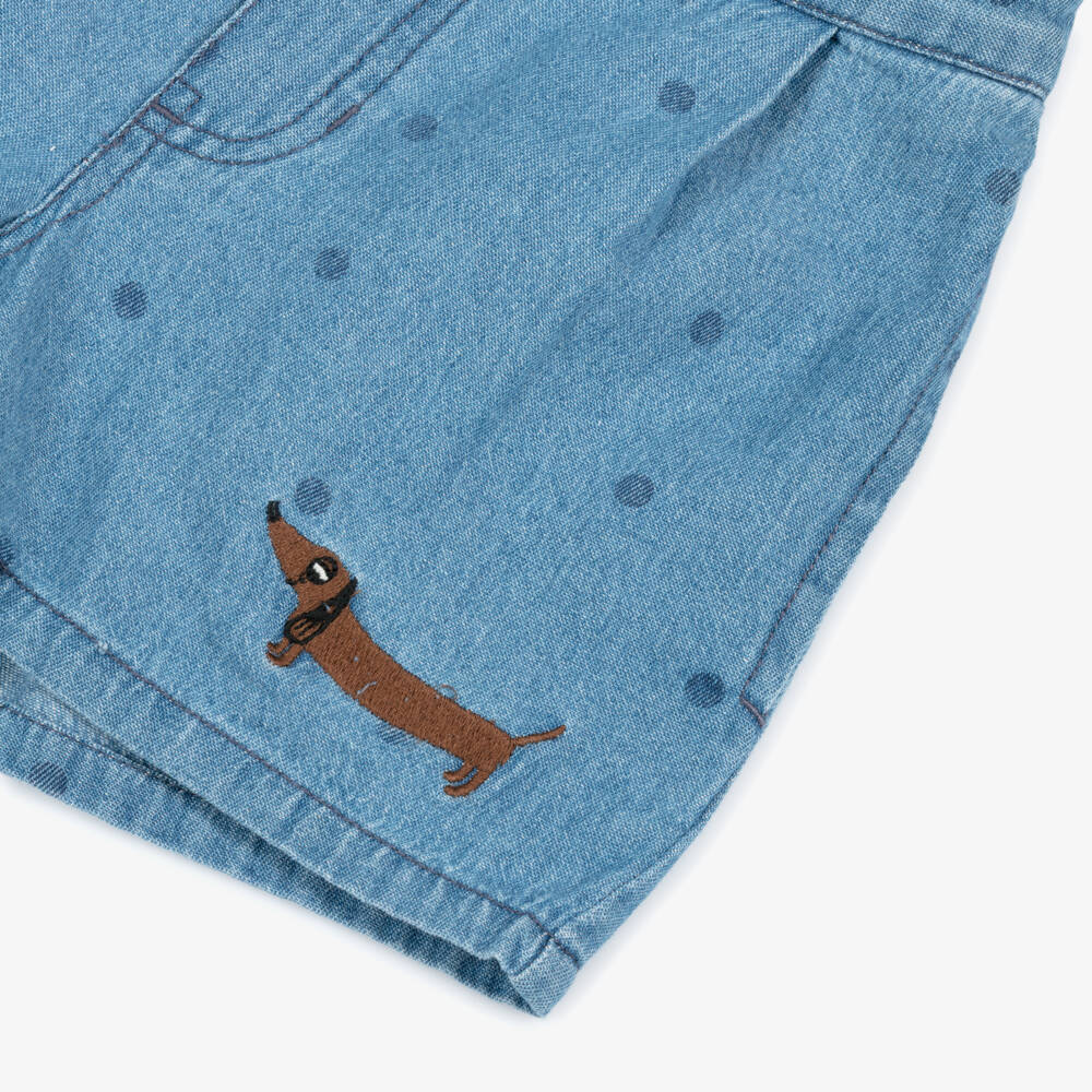 Mini Rodini-Blue Denim Polka Dot Shorts with Embroidered Dog Motif | Childrensalon