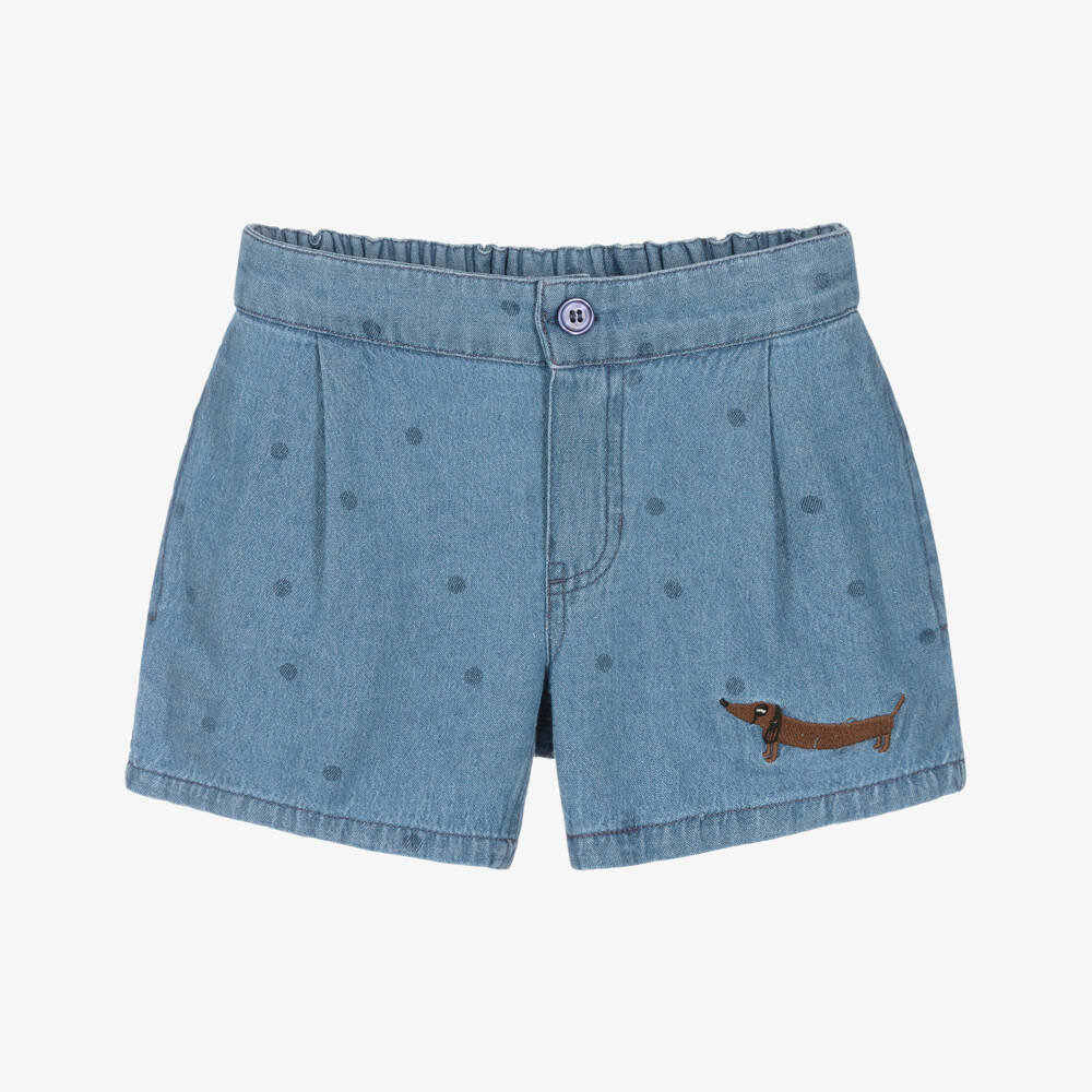 Mini Rodini-Blue Denim Polka Dot Shorts with Embroidered Dog Motif | Childrensalon