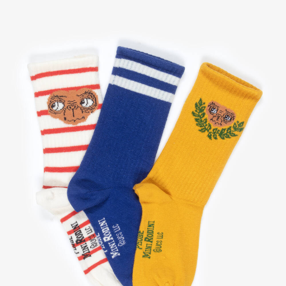 Mini Rodini-Blue, Yellow & Red Stripe E.T. Cotton Socks (3 Pack) | Childrensalon