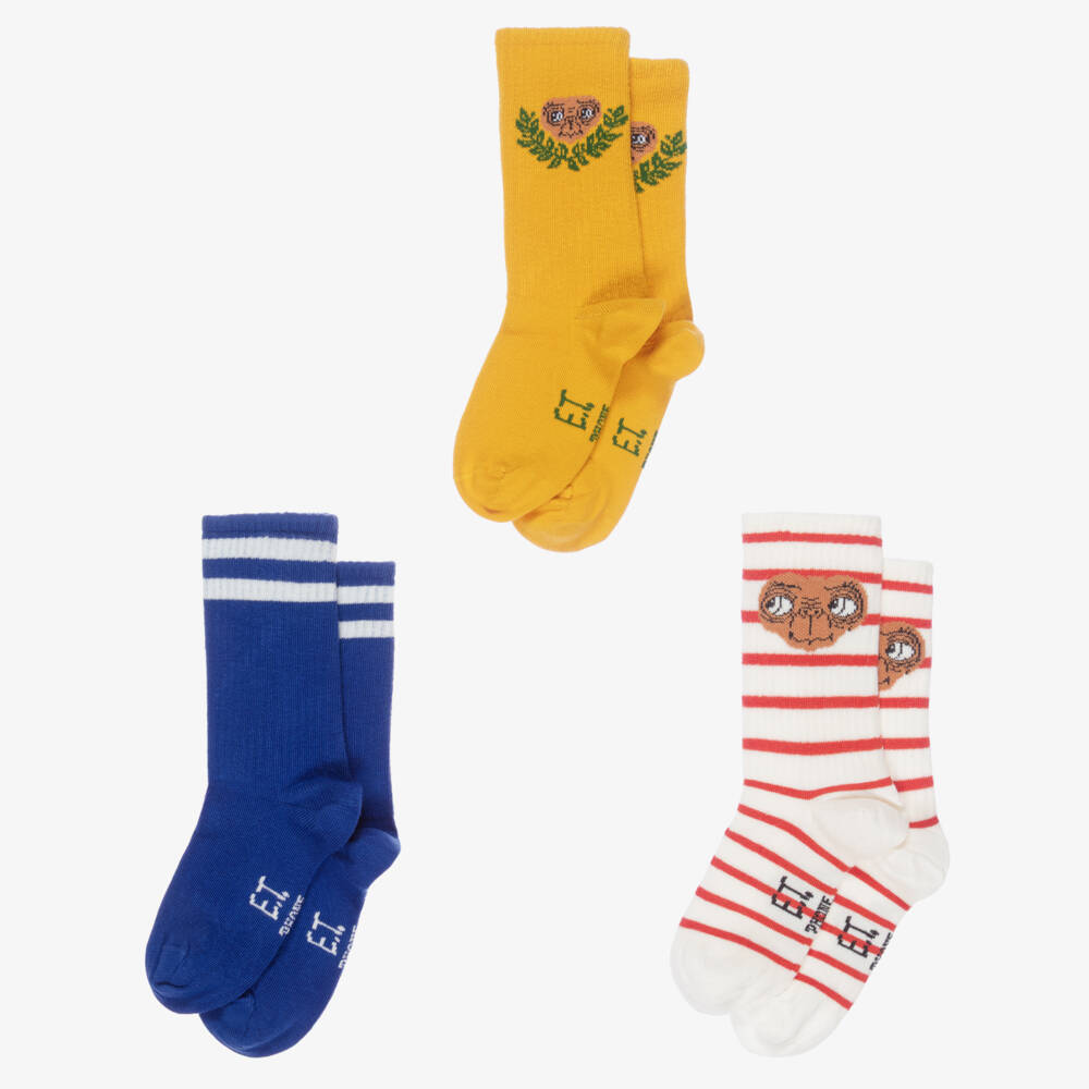 Mini Rodini-Blue, Yellow & Red Stripe E.T. Cotton Socks (3 Pack) | Childrensalon