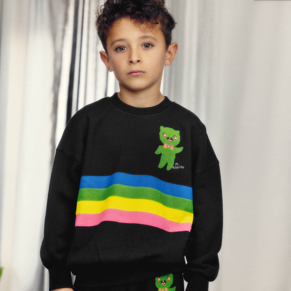 Mini Rodini-Свитшот черный из органического хлопка с инопланетянином и радужным принтом для мальчиков | Childrensalon