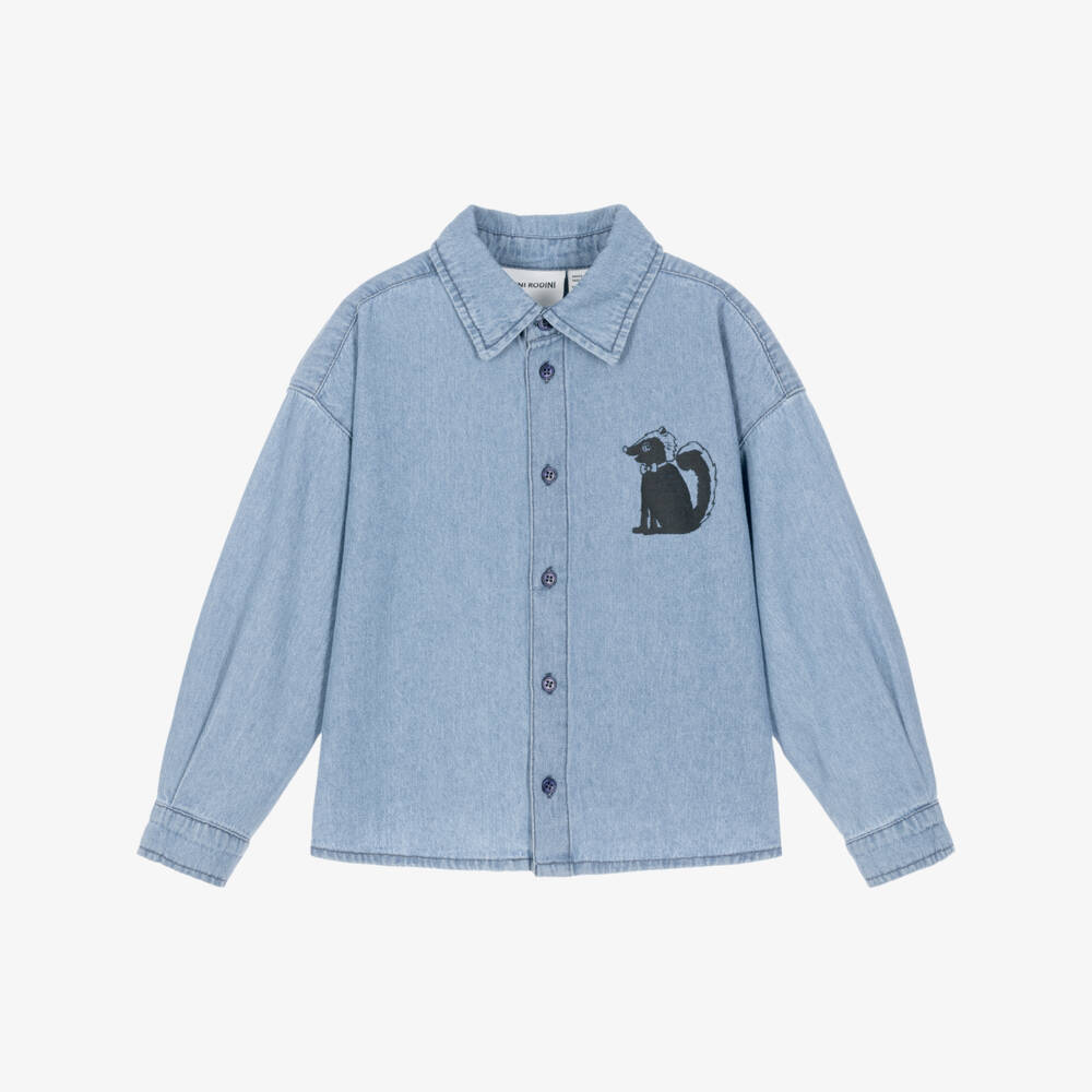 Mini Rodini-Boys Blue Denim Shirt with Skunk Motif | Childrensalon