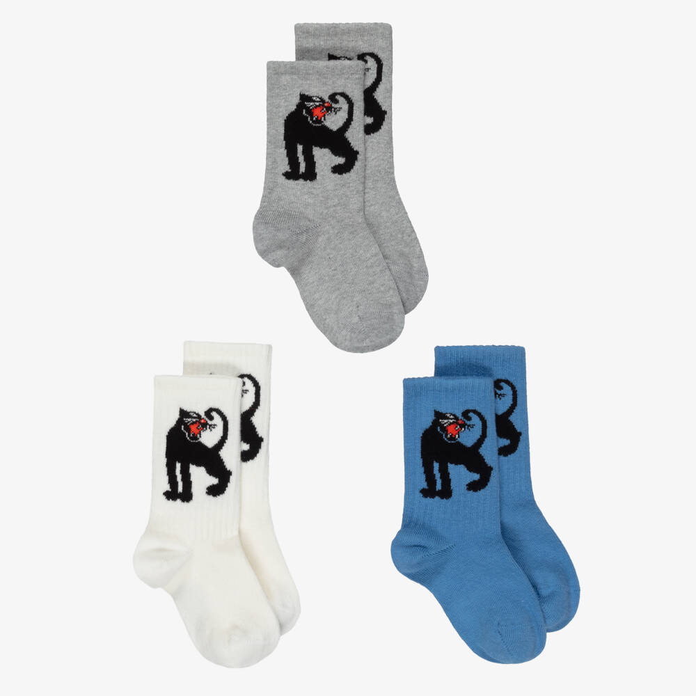 Mini Rodini-Boys Blue & Grey Panther Socks (3 Pack) | Childrensalon
