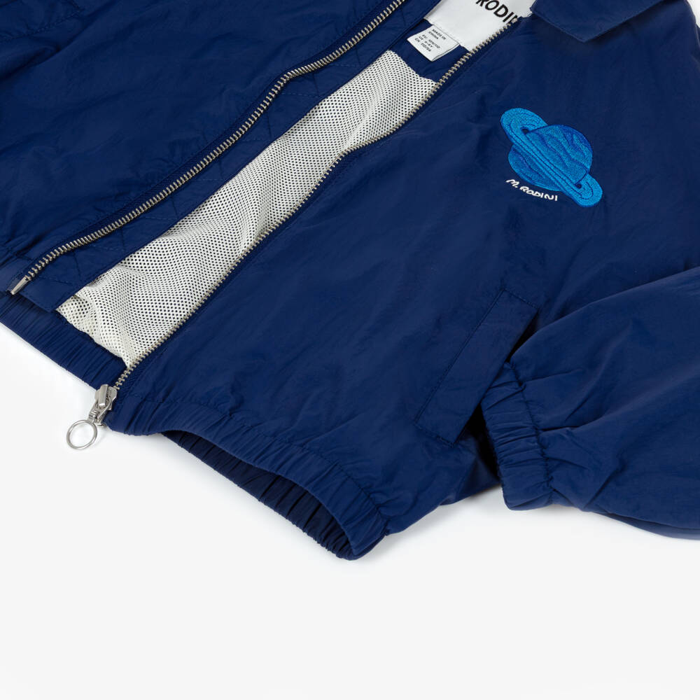 Mini Rodini-Boys Blue Jacket with Planet Logo Patch | Childrensalon