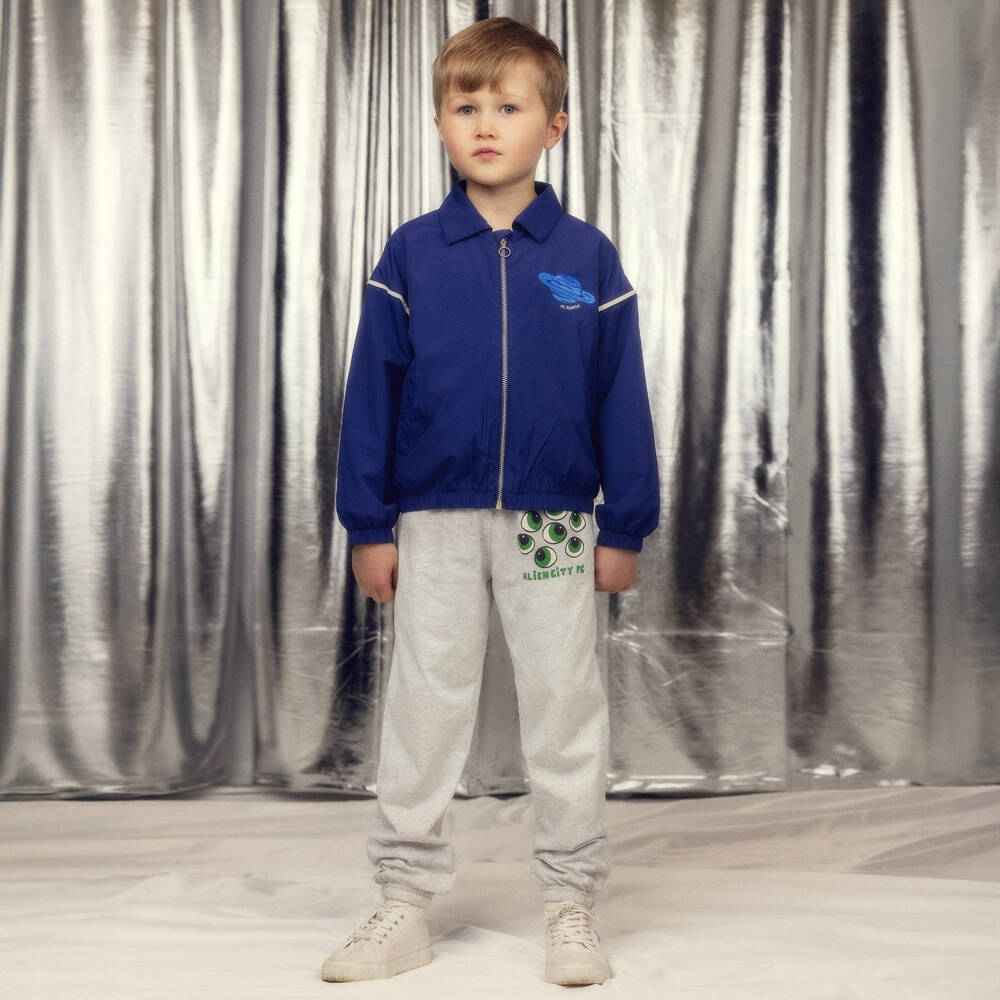 Mini Rodini-Boys Blue Jacket with Planet Logo Patch | Childrensalon