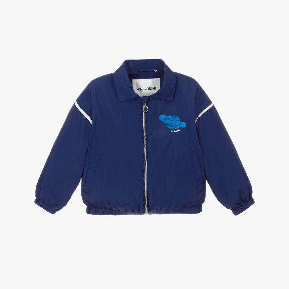 Mini Rodini-Boys Blue Jacket with Planet Logo Patch | Childrensalon