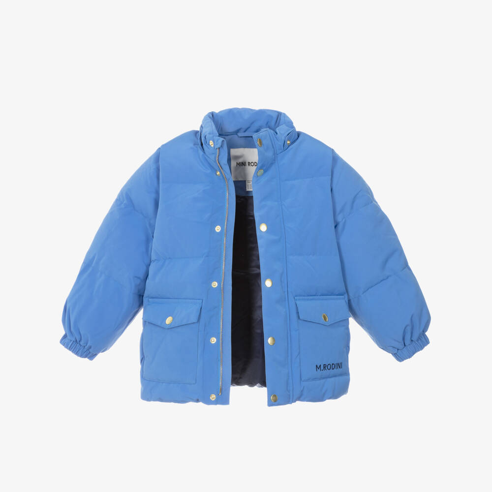 Mini Rodini-Boys Blue Water-Repellent Hooded Puffer Coat | Childrensalon