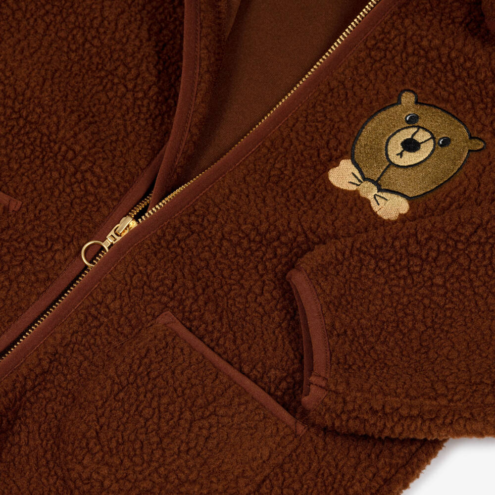 Mini Rodini-Boys Brown Sherpa Fleece Bear Zip-Up Top | Childrensalon