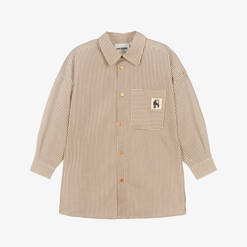 Mini Rodini-Boys Brown Striped Organic Cotton Shirt  | Childrensalon
