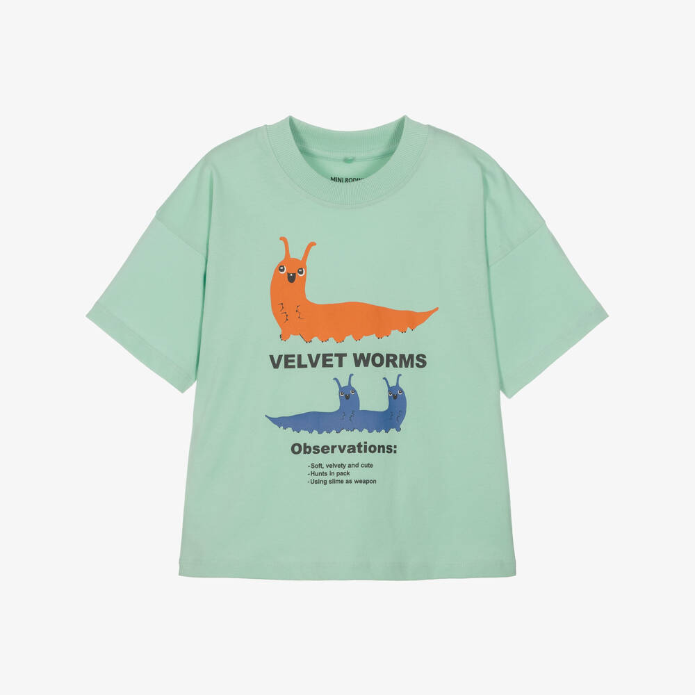 Mini Rodini-Boys Green Cotton T-Shirt with Worm Graphic | Childrensalon